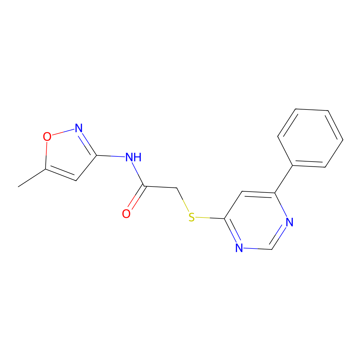 N-(5-methylisoxazol-3-yl)-2-((6-phenylpyrimidin-4-yl)thio)acetamide molecular structure, CAS 1203018-48-7