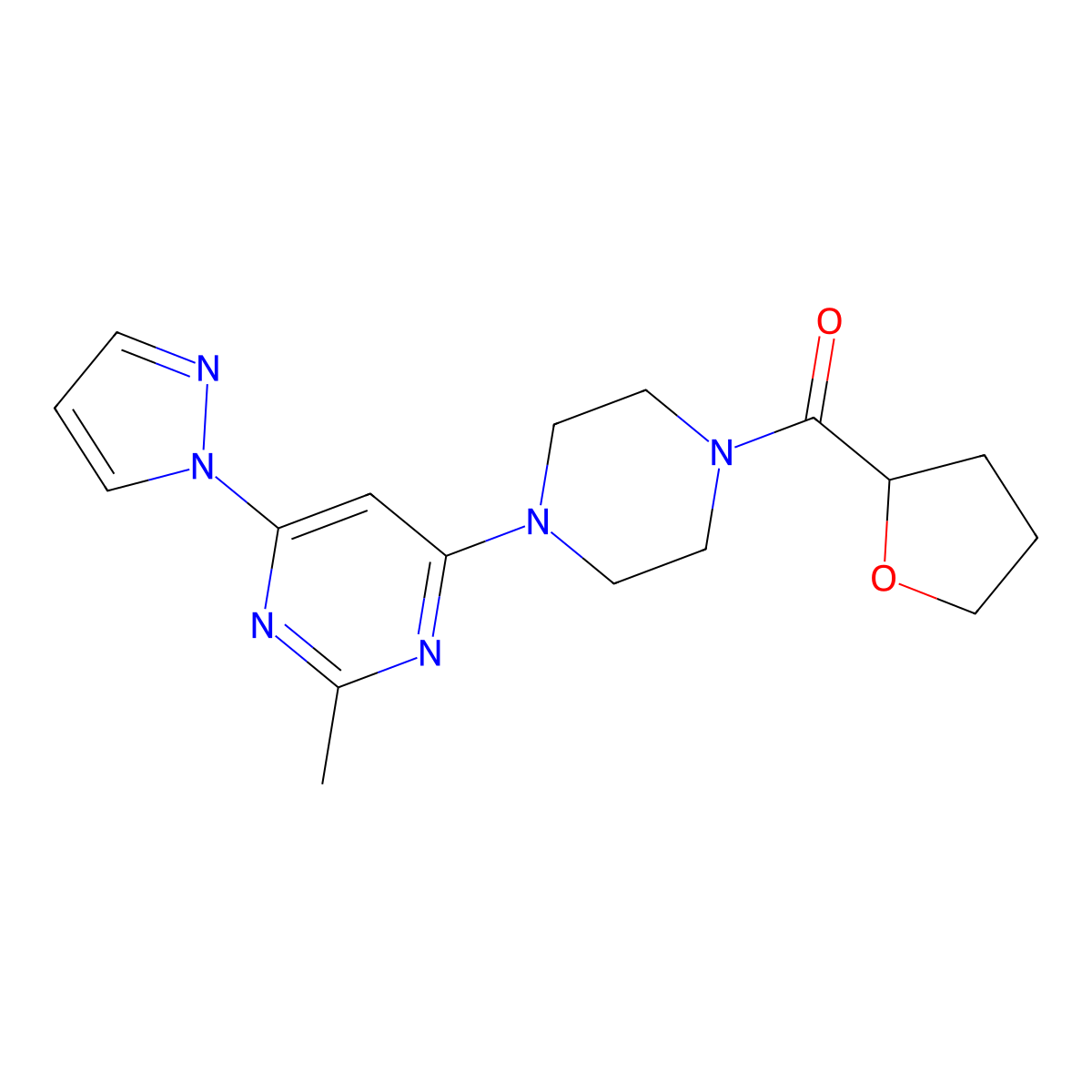 (4-(2-methyl-6-(1H-pyrazol-1-yl)pyrimidin-4-yl)piperazin-1-yl)(tetrahydrofuran-2-yl)methanone molecular structure, CAS 1203018-56-7