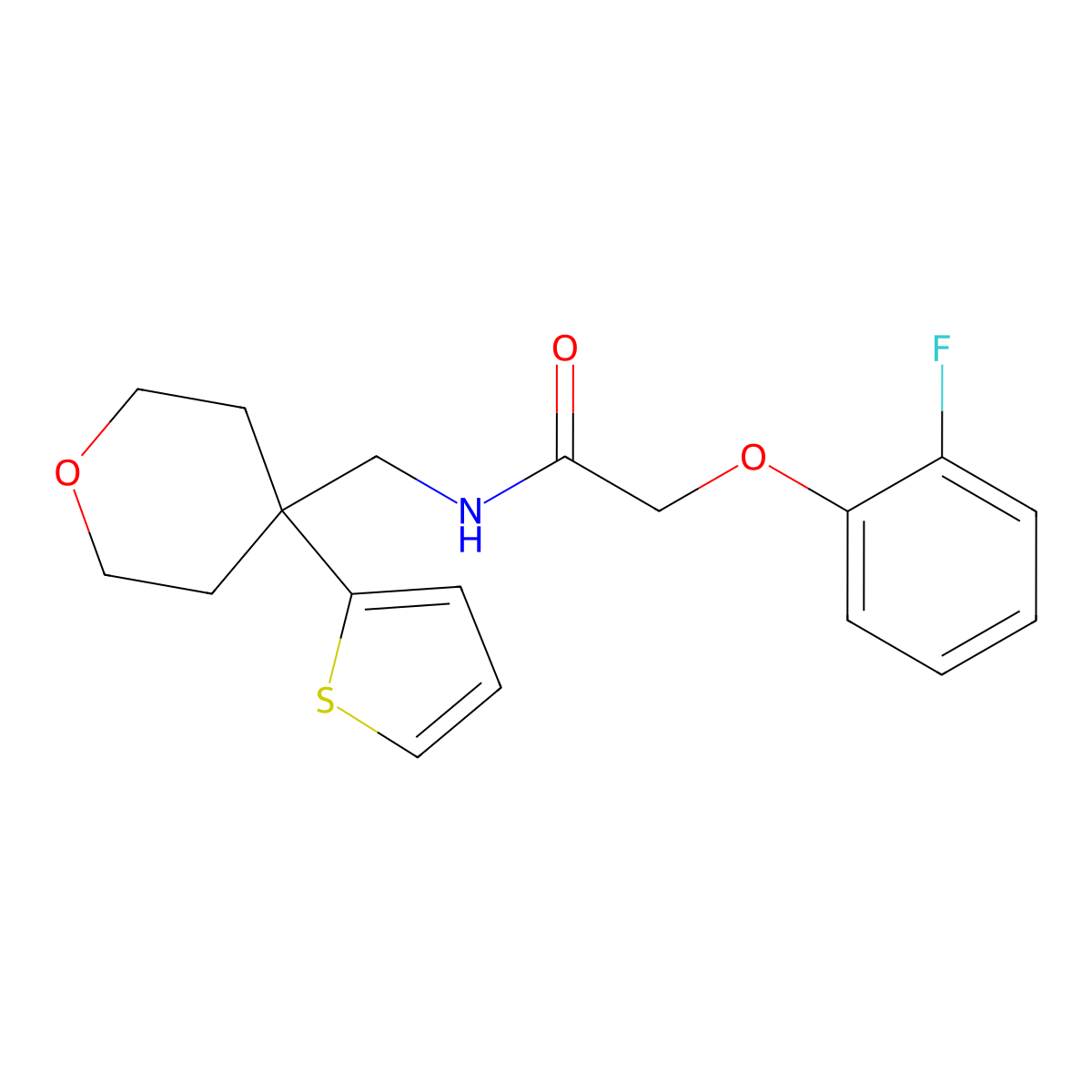 2-(2-fluorophenoxy)-N-((4-(thiophen-2-yl)tetrahydro-2H-pyran-4-yl)methyl)acetamide molecular structure, CAS 1203019-02-6