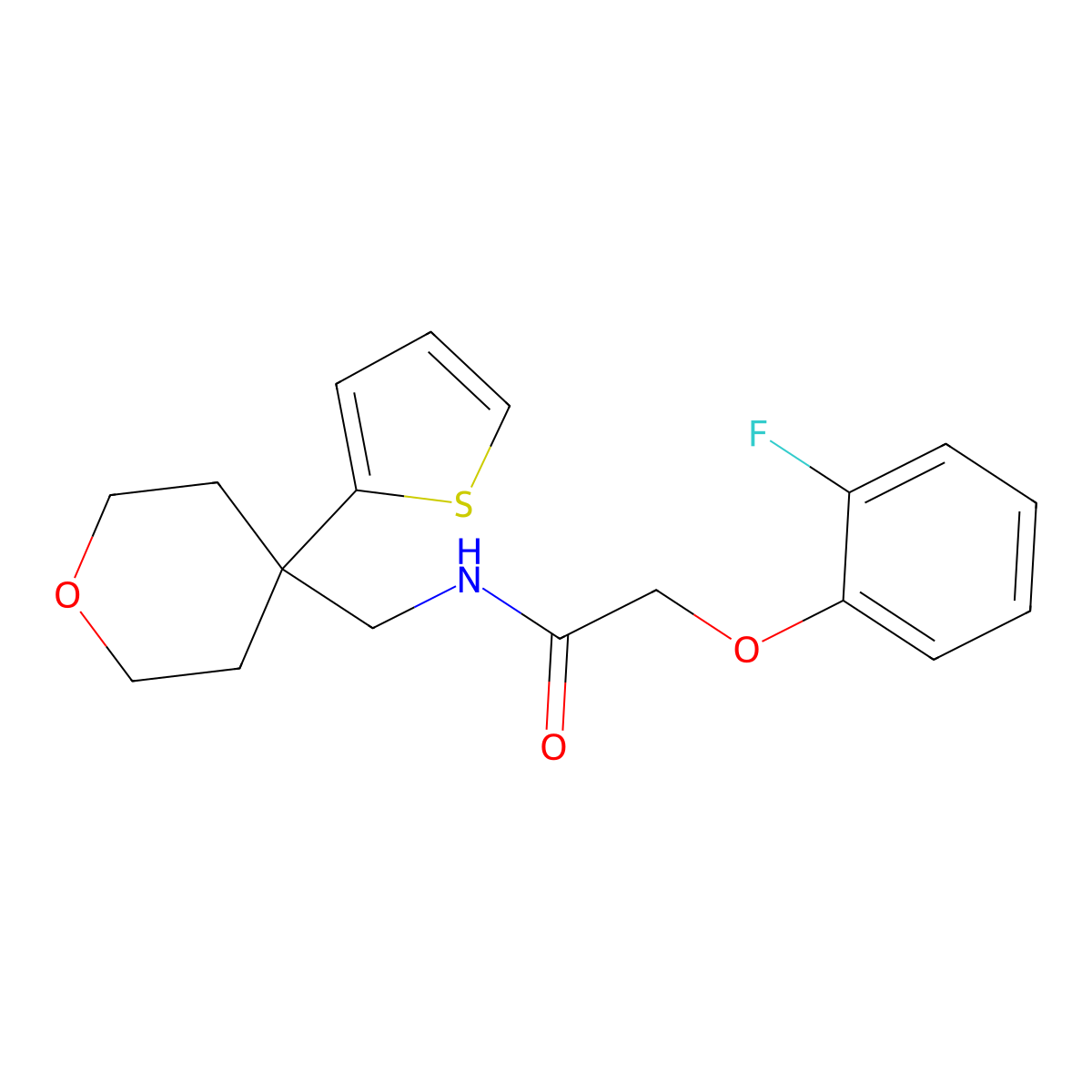 2-(2-fluorophenoxy)-N-((4-(thiophen-2-yl)tetrahydro-2H-pyran-4-yl)methyl)acetamide molecular structure, CAS 1203019-02-6