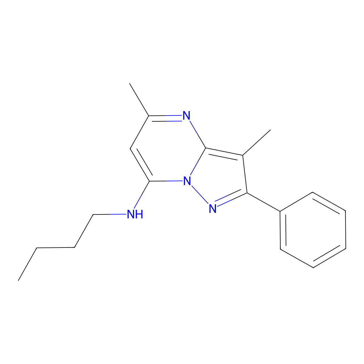 N-butyl-3,5-dimethyl-2-phenylpyrazolo[1,5-a]pyrimidin-7-amine molecular structure, CAS 1203019-49-1