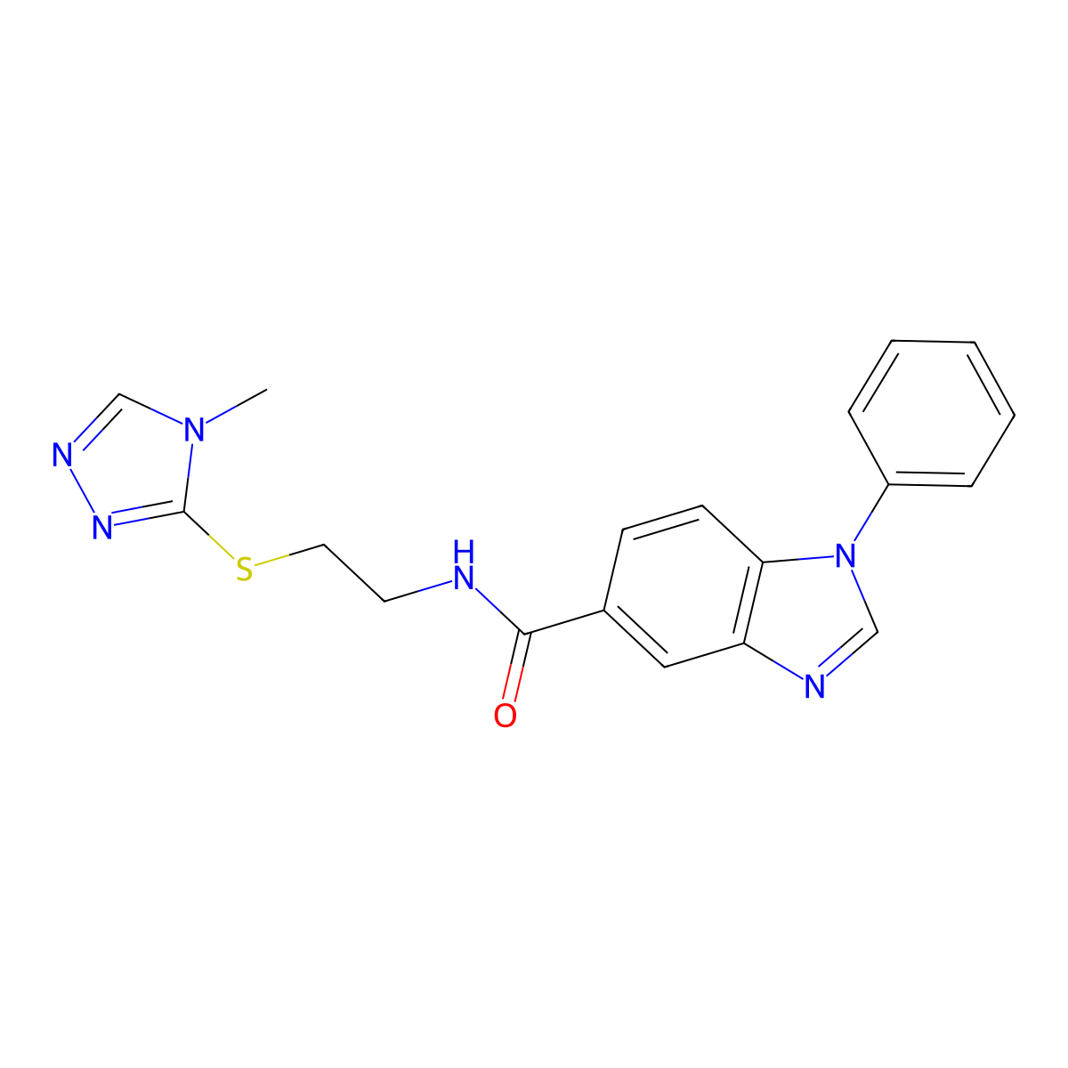 N-(2-((4-methyl-4H-1,2,4-triazol-3-yl)thio)ethyl)-1-phenyl-1H-benzo[d]imidazole-5-carboxamide molecular structure, CAS 1203020-66-9