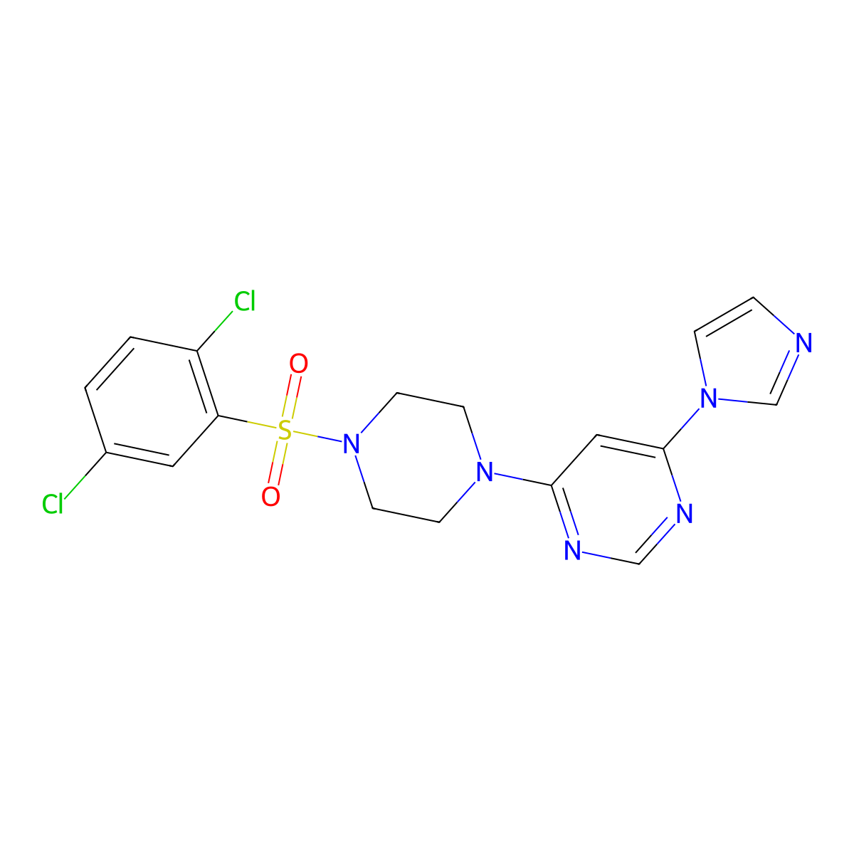 4-(4-((2,5-dichlorophenyl)sulfonyl)piperazin-1-yl)-6-(1H-imidazol-1-yl)pyrimidine molecular structure, CAS 1203021-03-7