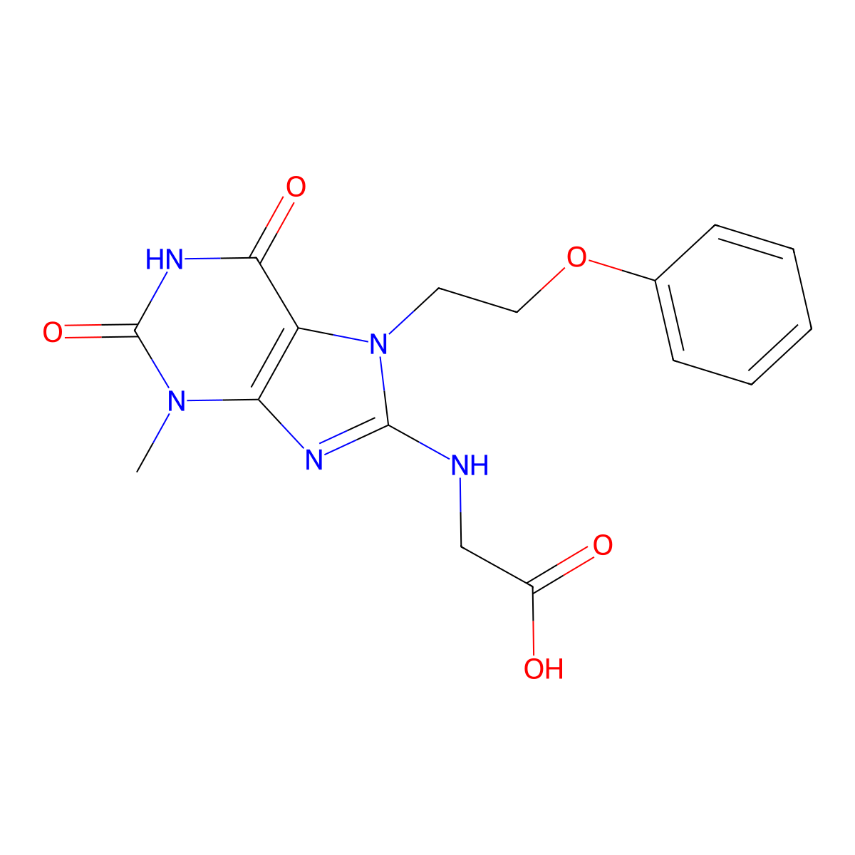 2-((3-methyl-2,6-dioxo-7-(2-phenoxyethyl)-2,3,6,7-tetrahydro-1H-purin-8-yl)amino)acetic acid molecular structure, CAS 1203022-41-6