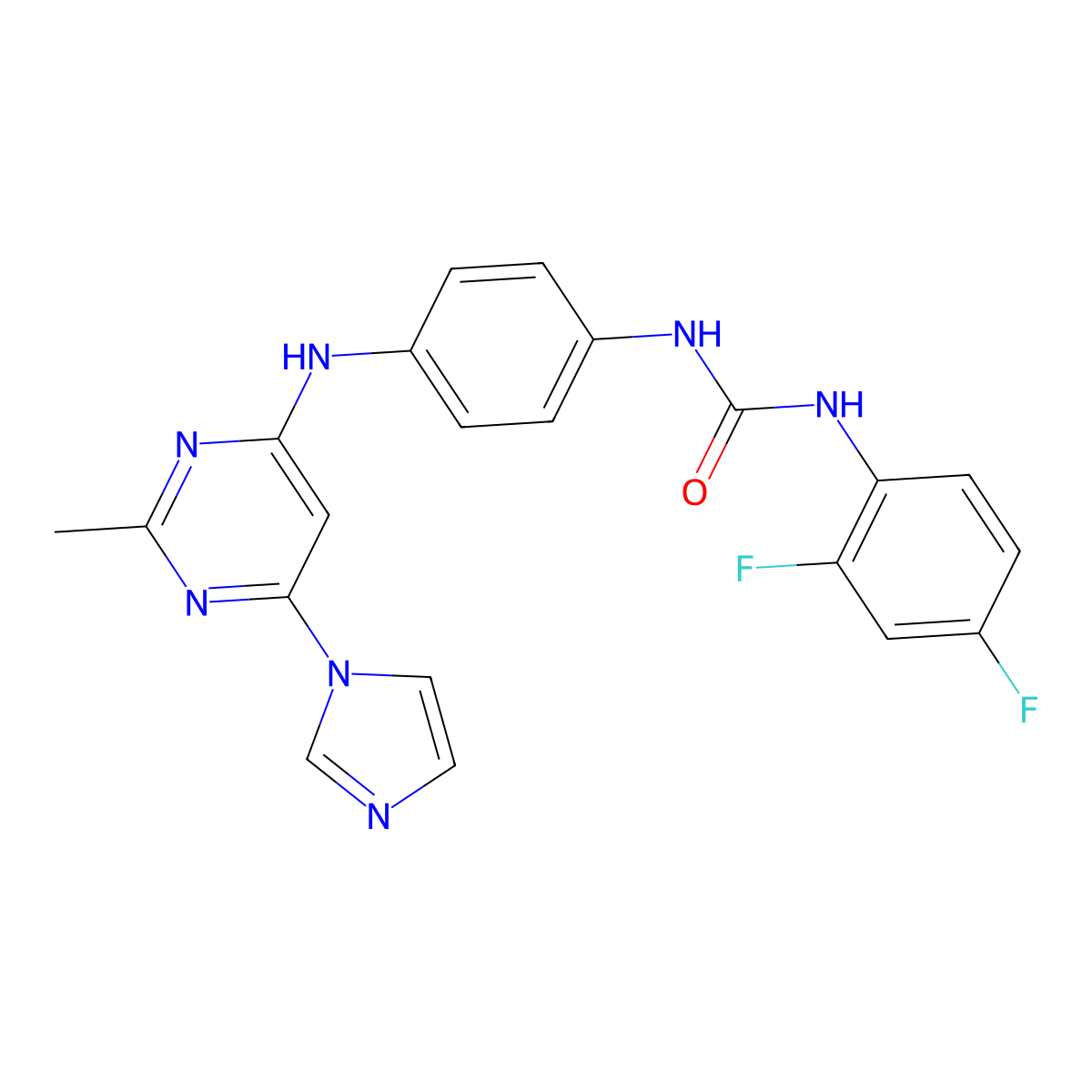 1-(4-((6-(1H-imidazol-1-yl)-2-methylpyrimidin-4-yl)amino)phenyl)-3-(2,4-difluorophenyl)urea molecular structure, CAS 1203024-79-6