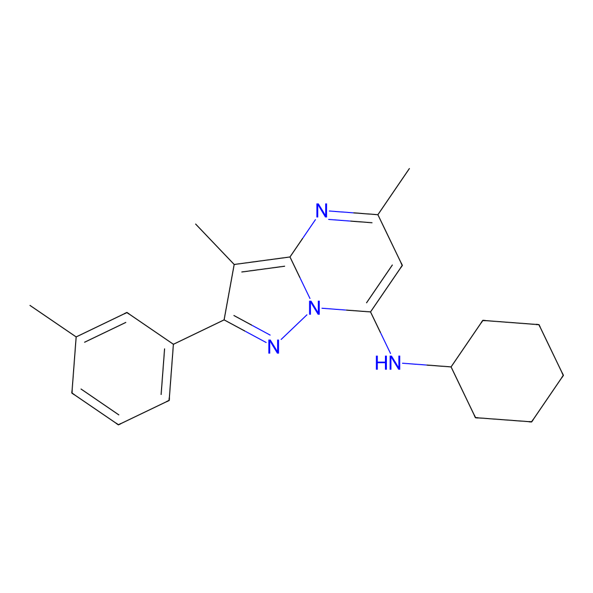 N-cyclohexyl-3,5-dimethyl-2-(3-methylphenyl)pyrazolo[1,5-a]pyrimidin-7-amine molecular structure, CAS 1203024-81-0