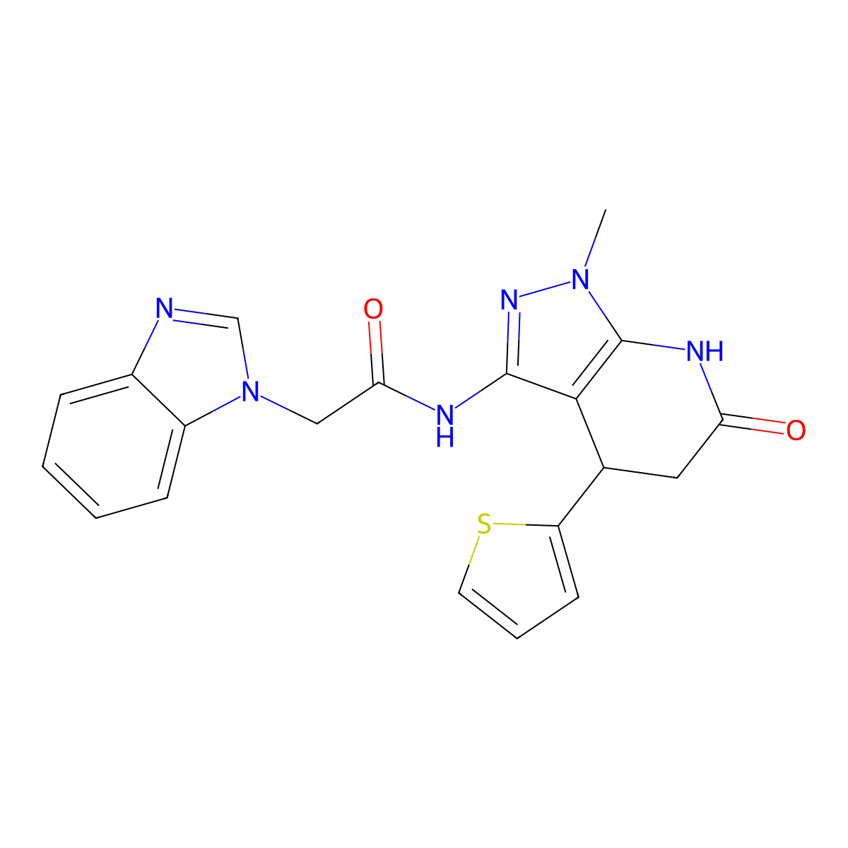 2-(1H-benzo[d]imidazol-1-yl)-N-(1-methyl-6-oxo-4-(thiophen-2-yl)-4,5,6,7-tetrahydro-1H-pyrazolo[3,4-b]pyridin-3-yl)acetamide molecular structure, CAS 1203024-84-3