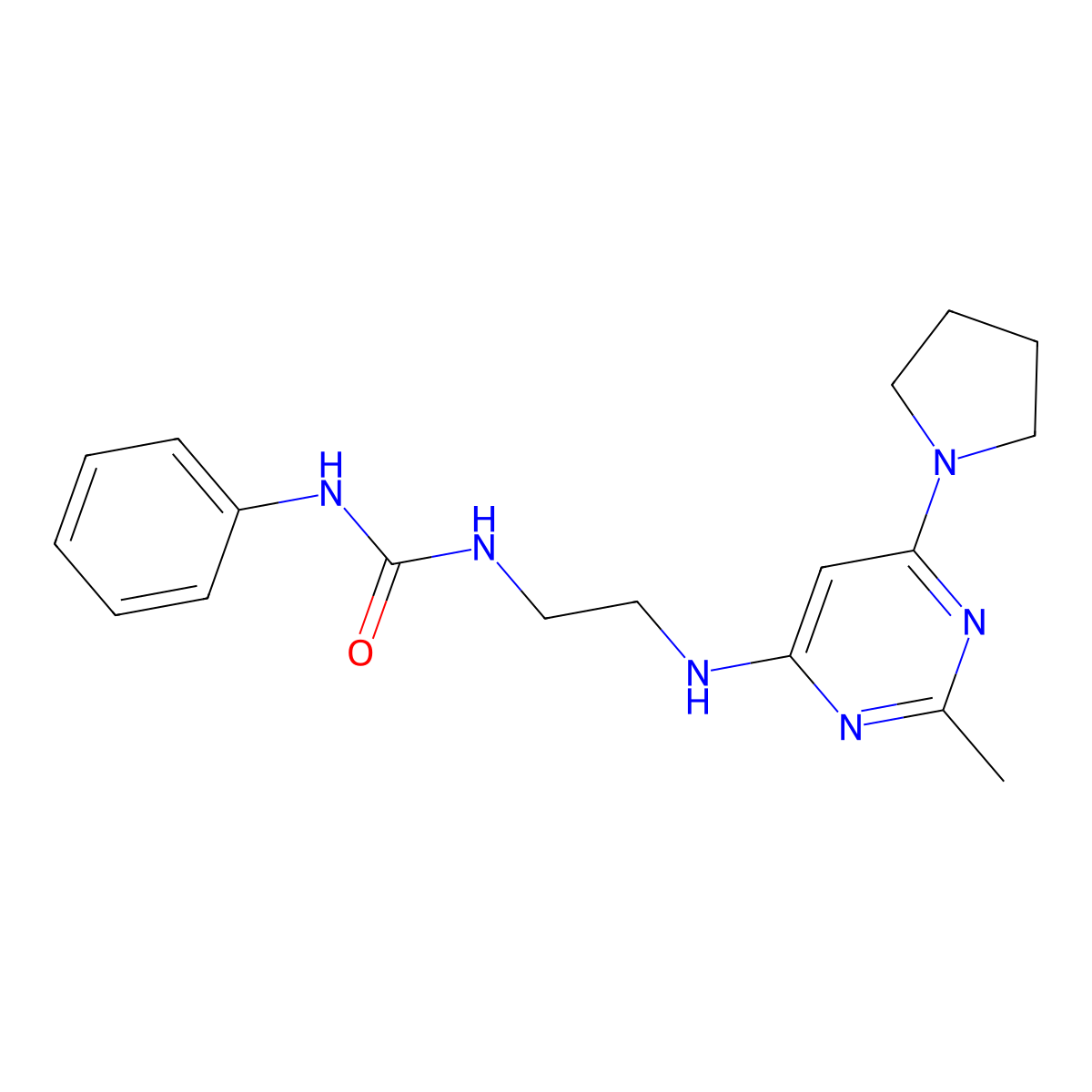1-(2-((2-Methyl-6-(pyrrolidin-1-yl)pyrimidin-4-yl)amino)ethyl)-3-phenylurea molecular structure, CAS 1203025-55-1