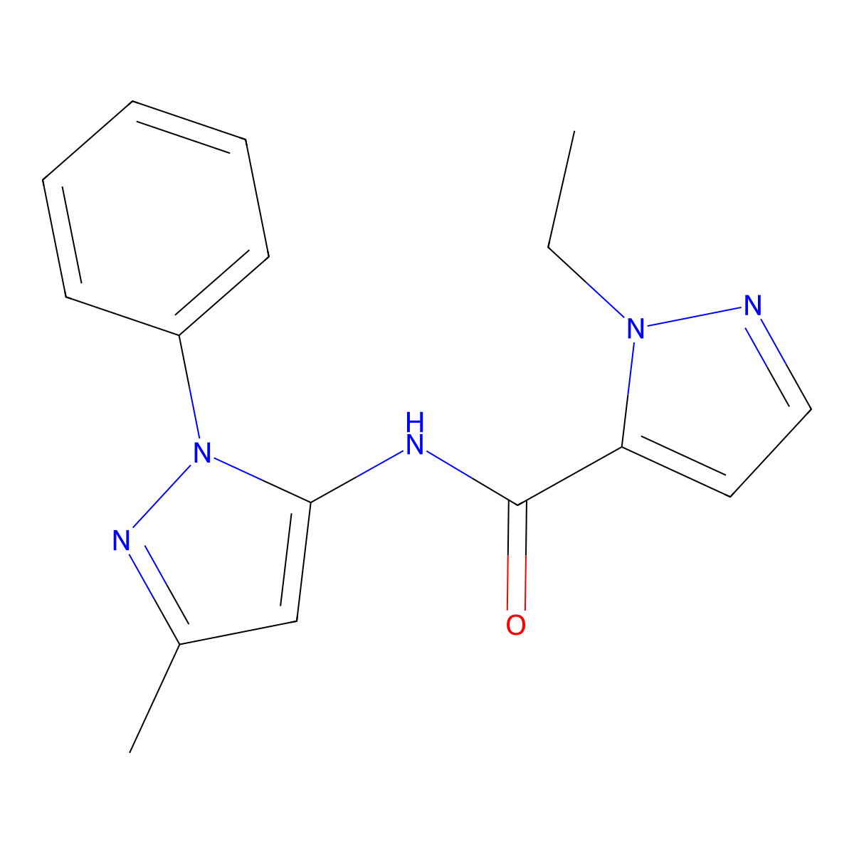 1-ethyl-N-(3-methyl-1-phenyl-1H-pyrazol-5-yl)-1H-pyrazole-5-carboxamide molecular structure, CAS 1203030-77-6