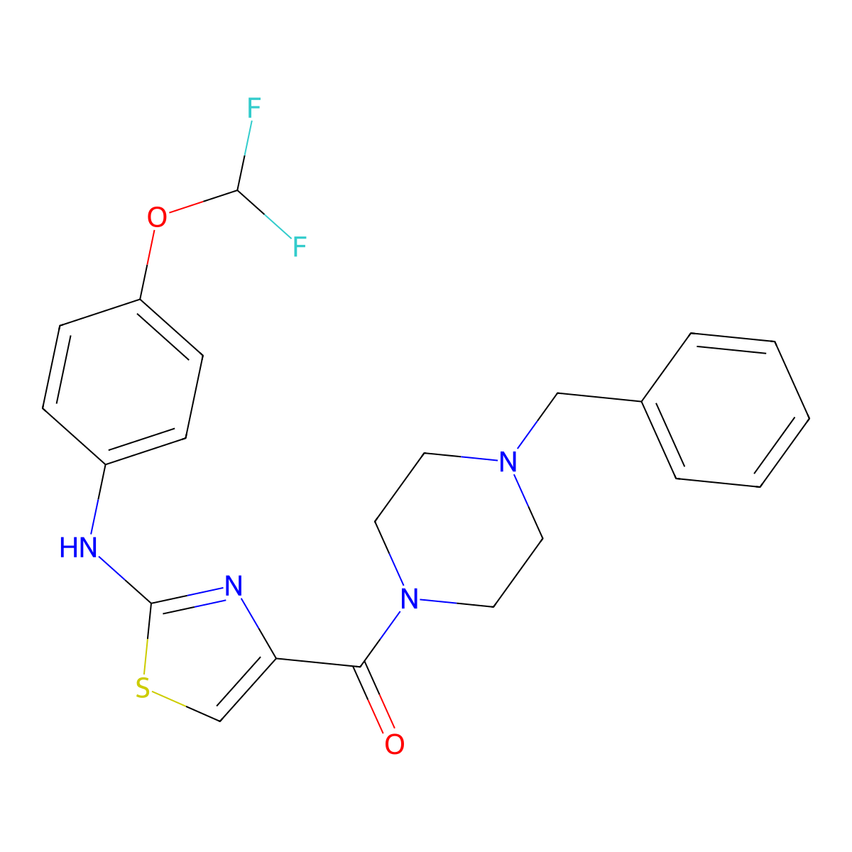 (4-Benzylpiperazin-1-yl)(2-((4-(difluoromethoxy)phenyl)amino)thiazol-4-yl)methanone molecular structure, CAS 1203031-12-2