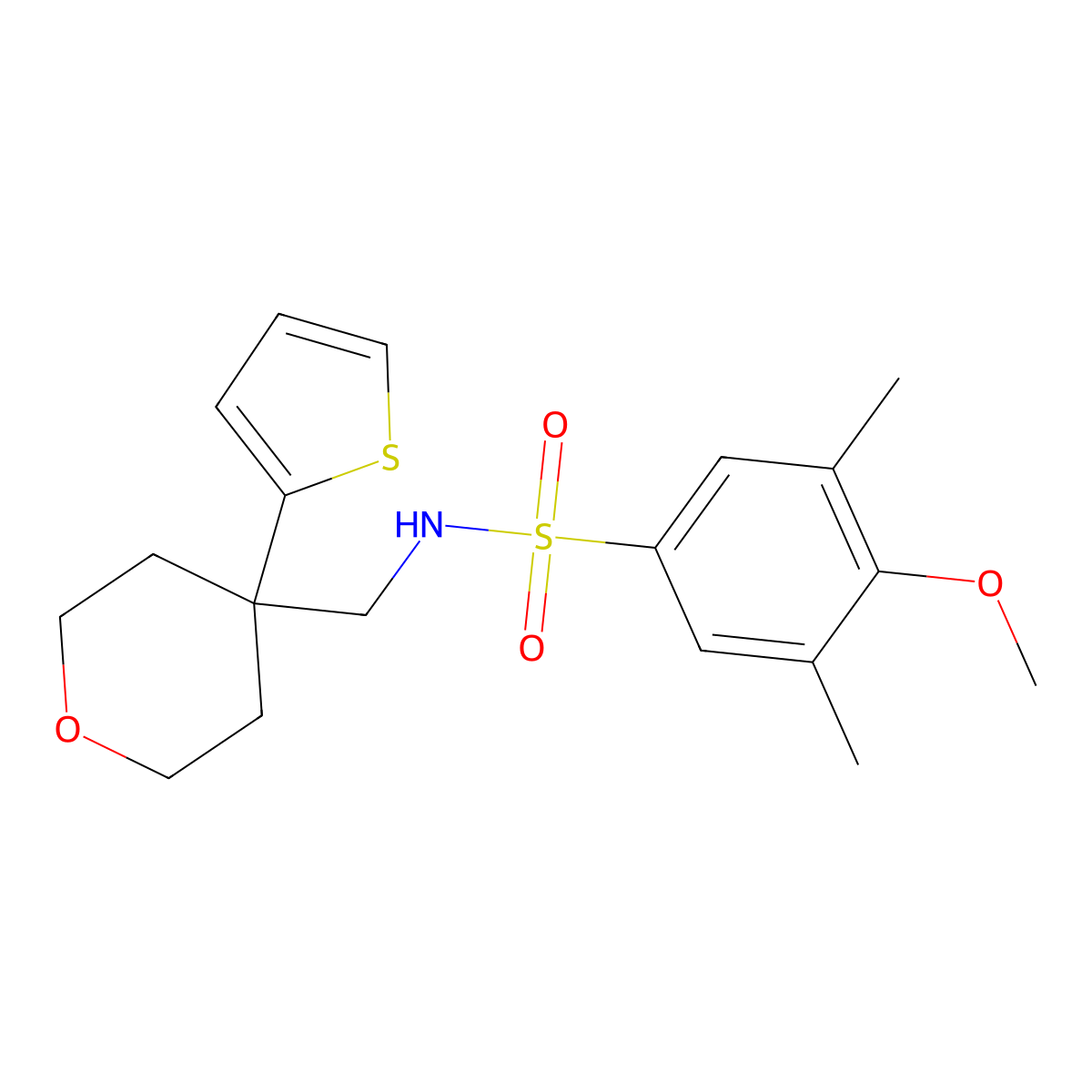 4-methoxy-3,5-dimethyl-N-((4-(thiophen-2-yl)tetrahydro-2H-pyran-4-yl)methyl)benzenesulfonamide molecular structure, CAS 1203032-38-5