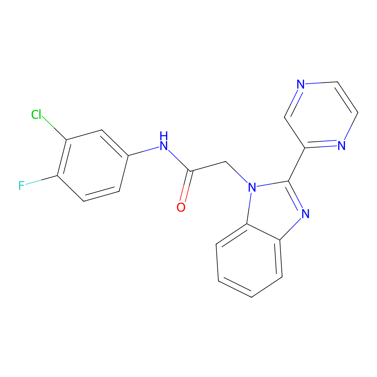 N-(3-chloro-4-fluorophenyl)-2-(2-(pyrazin-2-yl)-1H-benzo[d]imidazol-1-yl)acetamide molecular structure, CAS 1203032-96-5