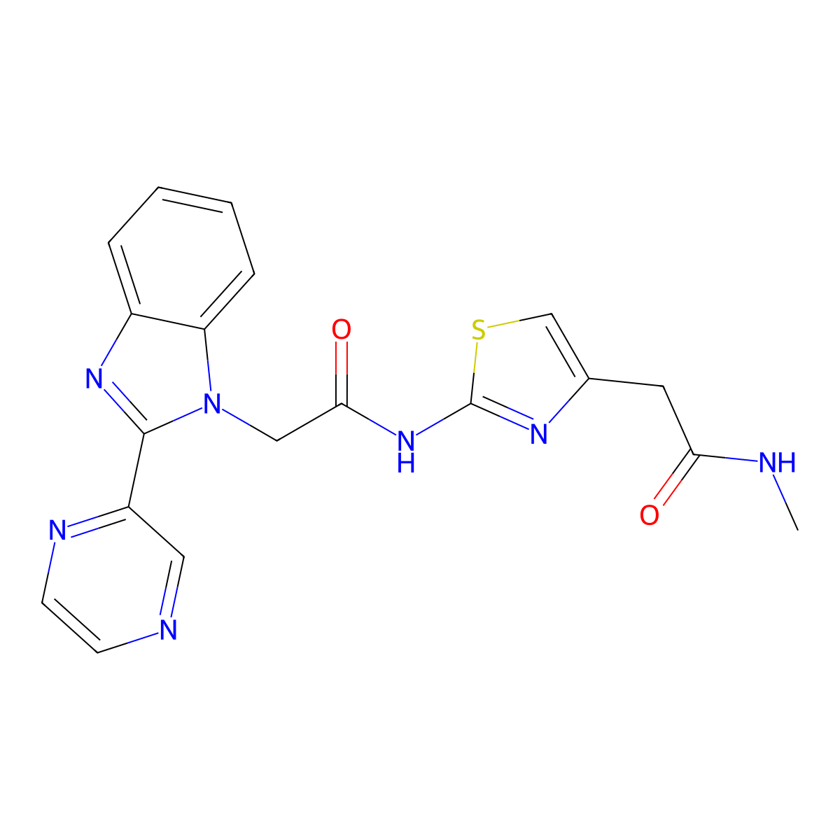 N-methyl-2-(2-(2-(2-(pyrazin-2-yl)-1H-benzo[d]imidazol-1-yl)acetamido)thiazol-4-yl)acetamide molecular structure, CAS 1203033-26-4