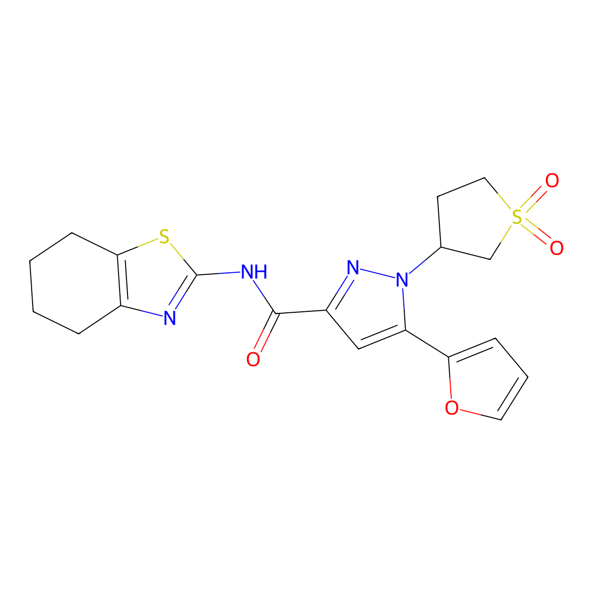 1-(1,1-dioxidotetrahydrothiophen-3-yl)-5-(furan-2-yl)-N-(4,5,6,7-tetrahydrobenzo[d]thiazol-2-yl)-1H-pyrazole-3-carboxamide molecular structure, CAS 1203033-90-2