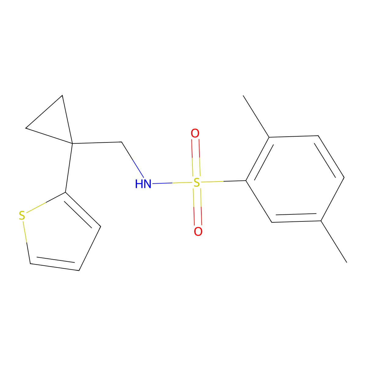 2,5-dimethyl-N-((1-(thiophen-2-yl)cyclopropyl)methyl)benzenesulfonamide molecular structure, CAS 1203036-50-3