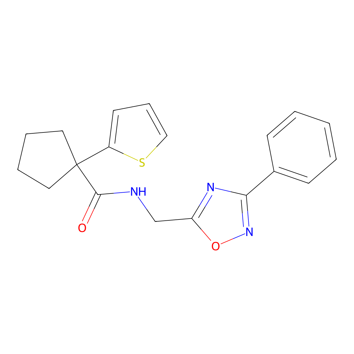 N-((3-phenyl-1,2,4-oxadiazol-5-yl)methyl)-1-(thiophen-2-yl)cyclopentanecarboxamide molecular structure, CAS 1203036-71-8