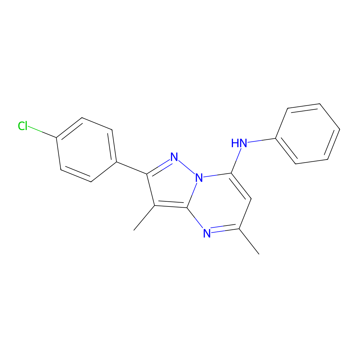 2-(4-chlorophenyl)-3,5-dimethyl-N-phenylpyrazolo[1,5-a]pyrimidin-7-amine molecular structure, CAS 1203037-92-6