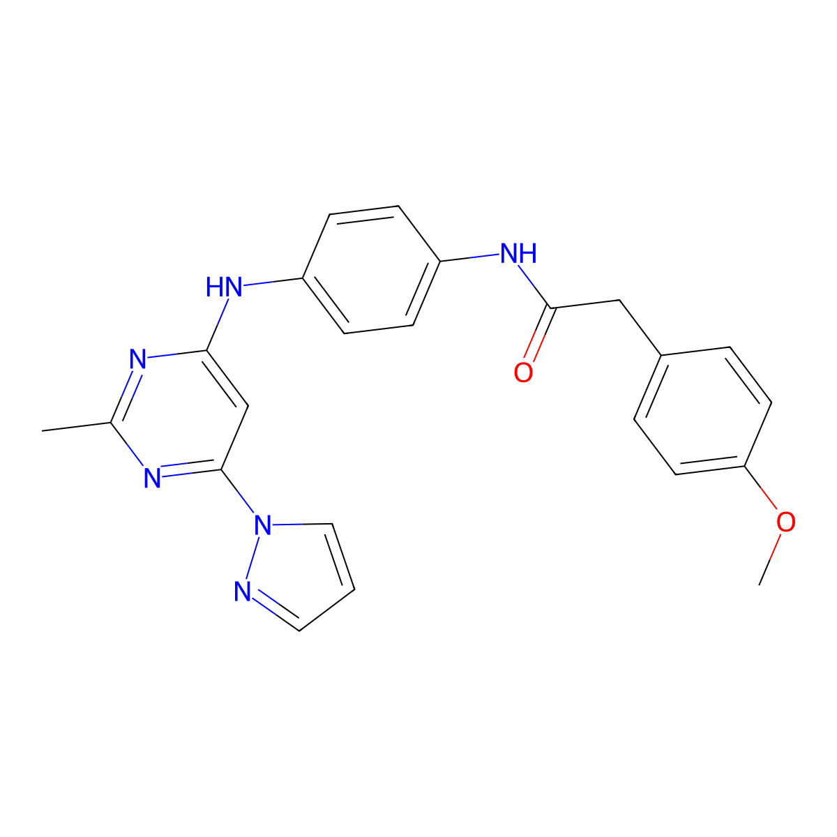 2-(4-methoxyphenyl)-N-(4-((2-methyl-6-(1H-pyrazol-1-yl)pyrimidin-4-yl)amino)phenyl)acetamide molecular structure, CAS 1203038-00-9