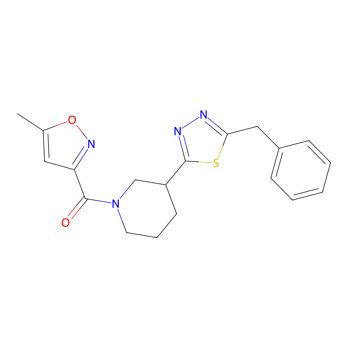 (3-(5-Benzyl-1,3,4-thiadiazol-2-yl)piperidin-1-yl)(5-methylisoxazol-3-yl)methanone molecular structure, CAS 1203040-02-1