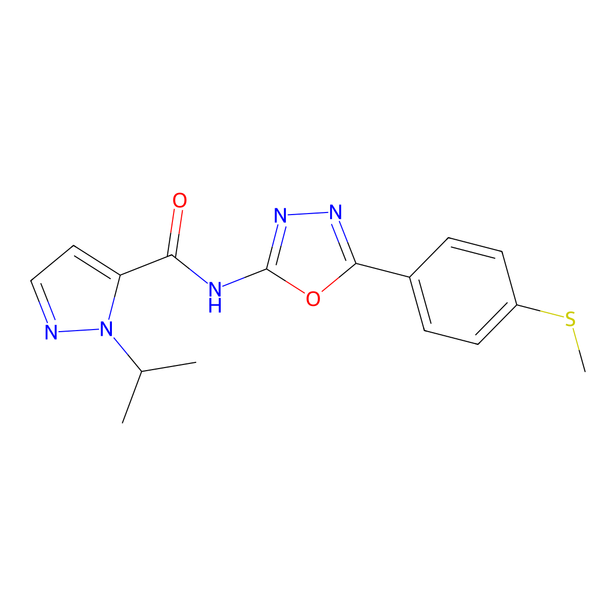 1-isopropyl-N-(5-(4-(methylthio)phenyl)-1,3,4-oxadiazol-2-yl)-1H-pyrazole-5-carboxamide molecular structure, CAS 1203040-26-9