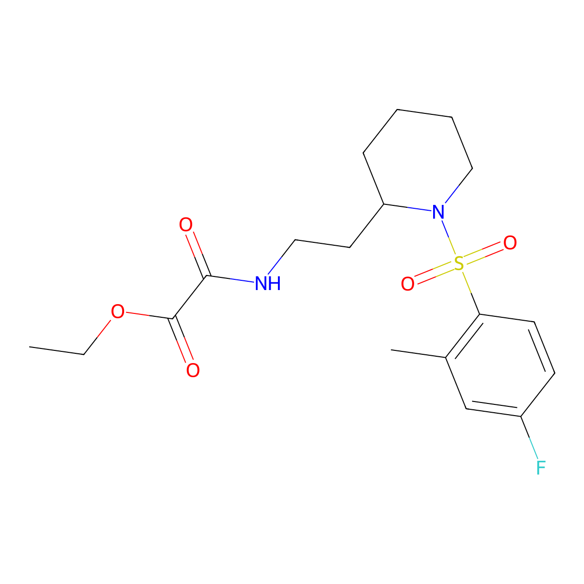 Ethyl 2-((2-(1-((4-fluoro-2-methylphenyl)sulfonyl)piperidin-2-yl)ethyl)amino)-2-oxoacetate molecular structure, CAS 1203041-07-9