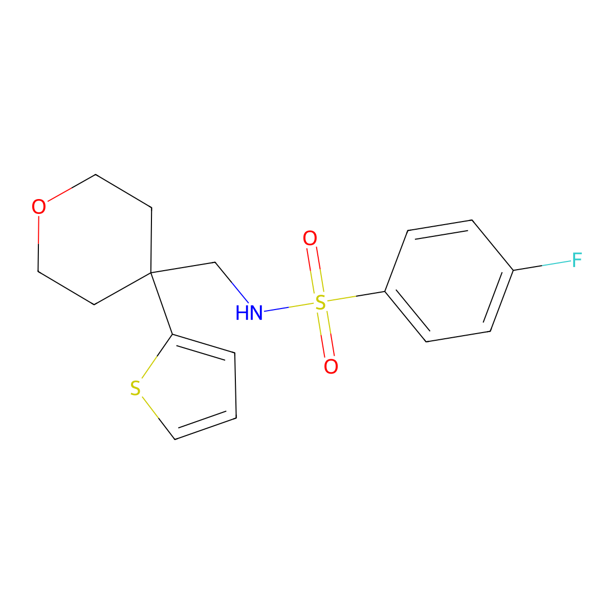 4-fluoro-N-((4-(thiophen-2-yl)tetrahydro-2H-pyran-4-yl)methyl)benzenesulfonamide molecular structure, CAS 1203041-93-3