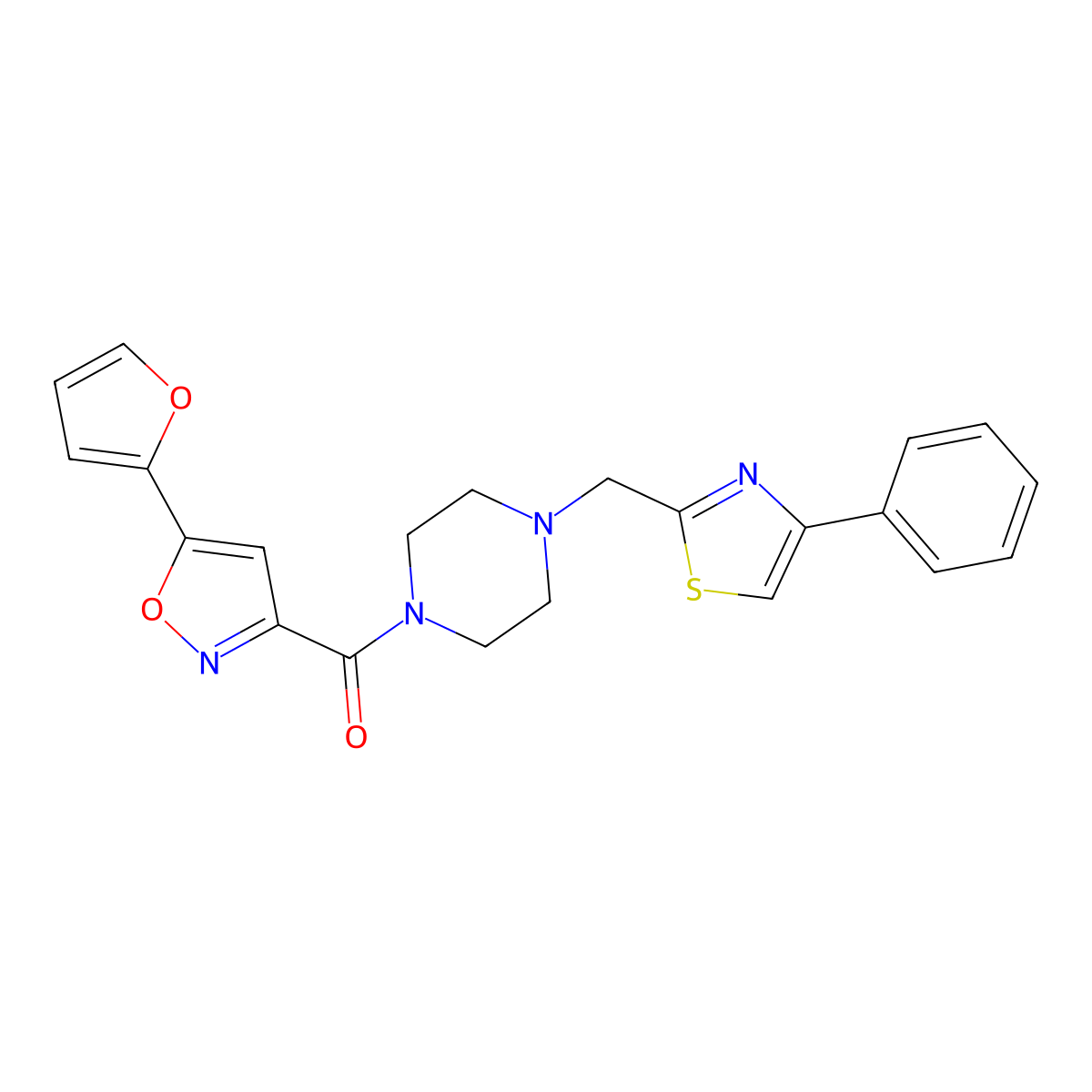 (5-(Furan-2-yl)isoxazol-3-yl)(4-((4-phenylthiazol-2-yl)methyl)piperazin-1-yl)methanone molecular structure, CAS 1203042-31-2