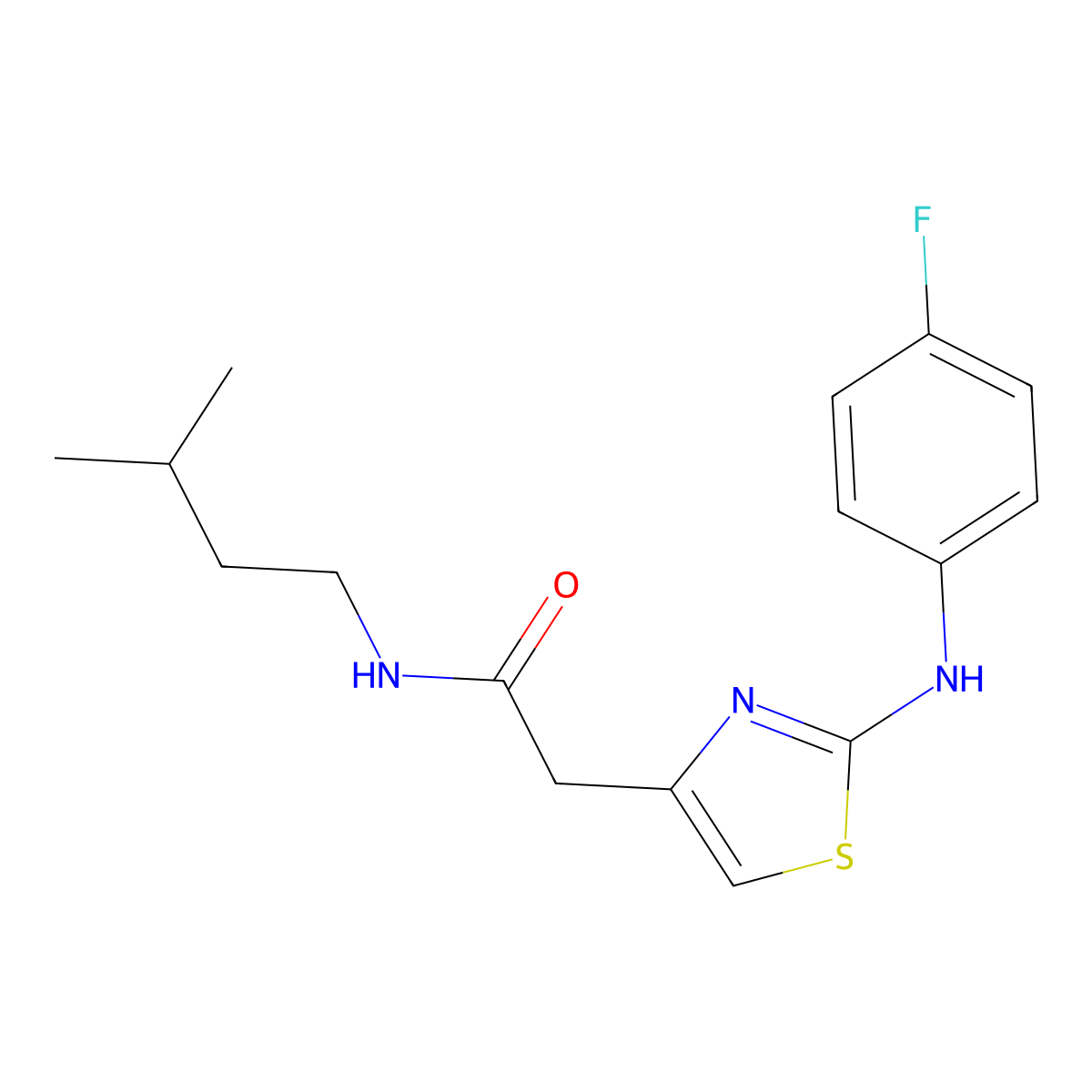 2-(2-((4-fluorophenyl)amino)thiazol-4-yl)-N-isopentylacetamide molecular structure, CAS 1203044-55-6