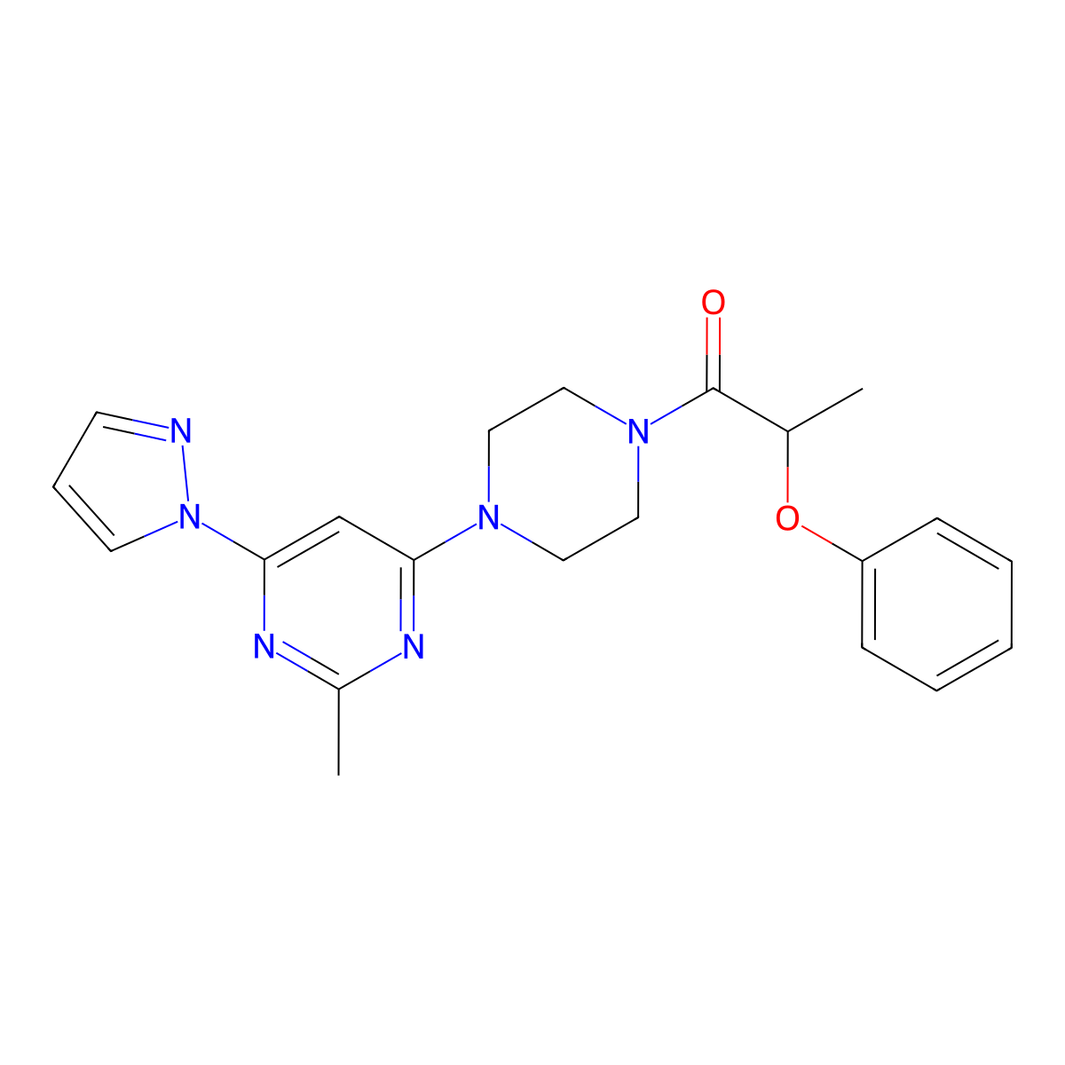 1-{4-[2-methyl-6-(1H-pyrazol-1-yl)pyrimidin-4-yl]piperazin-1-yl}-2-phenoxypropan-1-one molecular structure, CAS 1203044-65-8