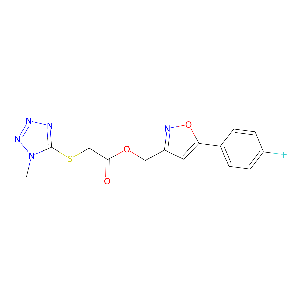 (5-(4-fluorophenyl)isoxazol-3-yl)methyl 2-((1-methyl-1H-tetrazol-5-yl)thio)acetate molecular structure, CAS 1203045-15-1