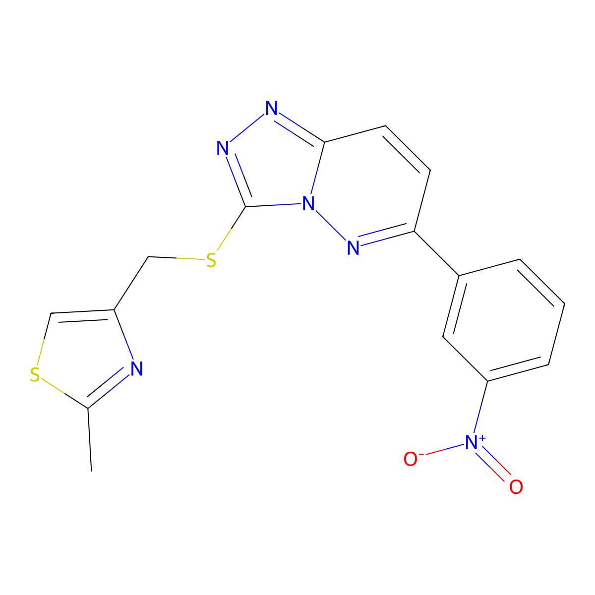 2-Methyl-4-(((6-(3-nitrophenyl)-[1,2,4]triazolo[4,3-b]pyridazin-3-yl)thio)methyl)thiazole molecular structure, CAS 1203046-41-6