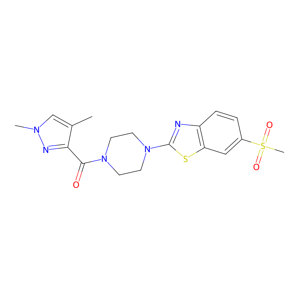(1,4-dimethyl-1H-pyrazol-3-yl)(4-(6-(methylsulfonyl)benzo[d]thiazol-2-yl)piperazin-1-yl)methanone molecular structure, CAS 1203047-27-1