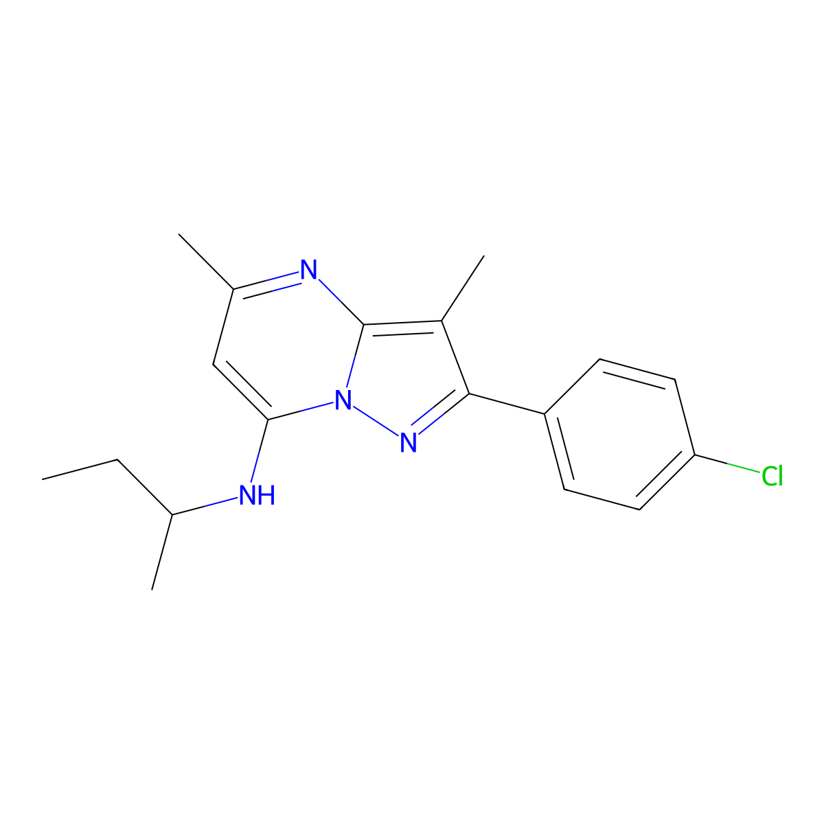 N-(butan-2-yl)-2-(4-chlorophenyl)-3,5-dimethylpyrazolo[1,5-a]pyrimidin-7-amine molecular structure, CAS 1203050-59-2