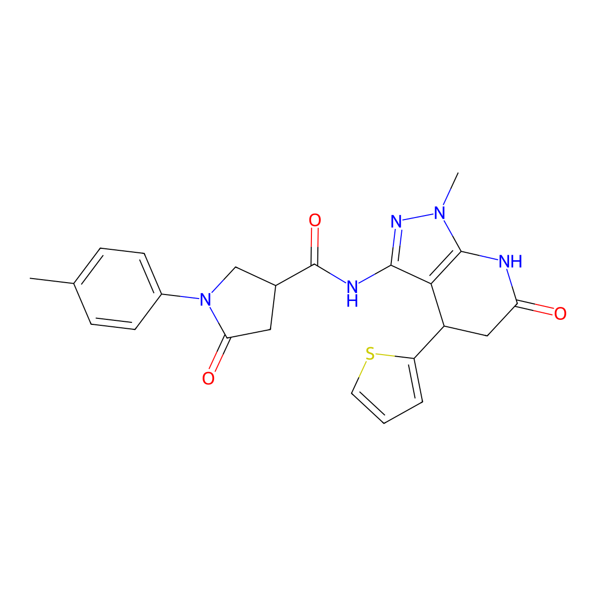 N-(1-methyl-6-oxo-4-(thiophen-2-yl)-4,5,6,7-tetrahydro-1H-pyrazolo[3,4-b]pyridin-3-yl)-5-oxo-1-(p-tolyl)pyrrolidine-3-carboxamide molecular structure, CAS 1203050-61-6