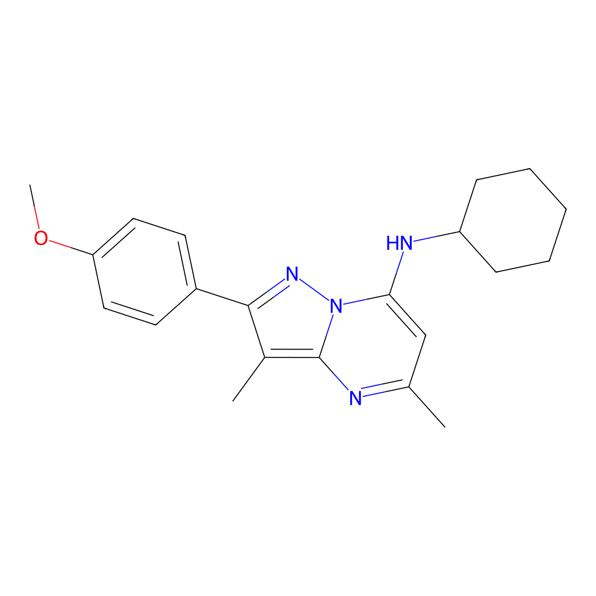 N-cyclohexyl-2-(4-methoxyphenyl)-3,5-dimethylpyrazolo[1,5-a]pyrimidin-7-amine molecular structure, CAS 1203051-71-1