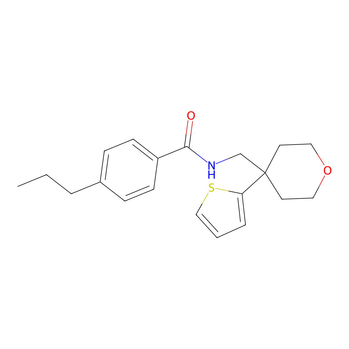 4-propyl-N-((4-(thiophen-2-yl)tetrahydro-2H-pyran-4-yl)methyl)benzamide molecular structure, CAS 1203052-47-4