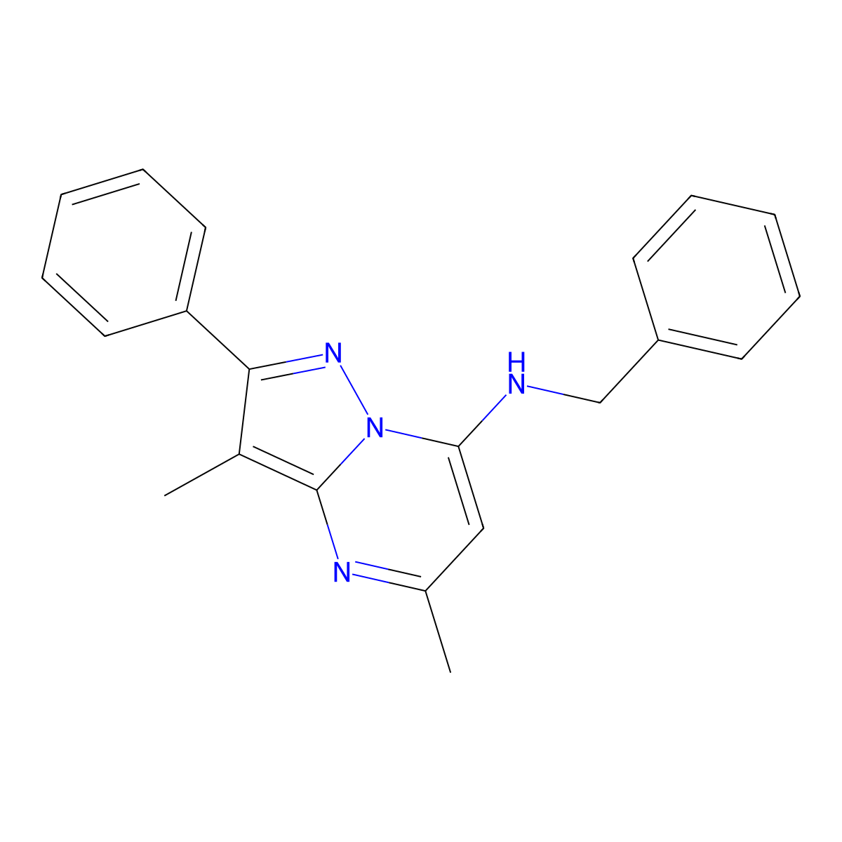 N-benzyl-3,5-dimethyl-2-phenylpyrazolo[1,5-a]pyrimidin-7-amine molecular structure, CAS 1203053-53-5