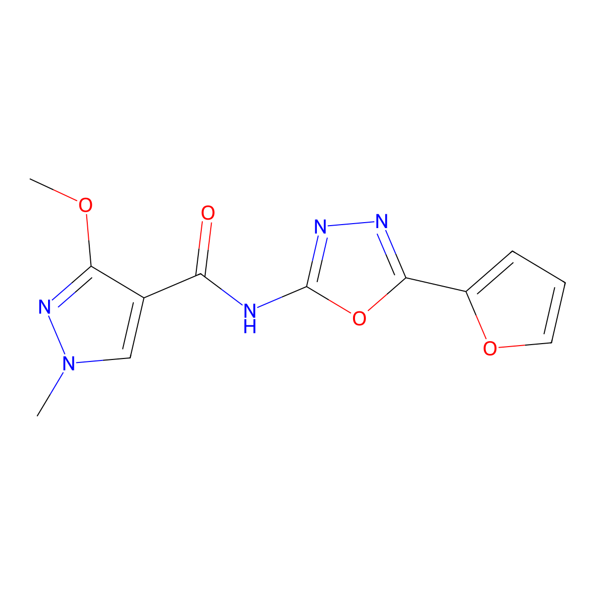 N-(5-(furan-2-yl)-1,3,4-oxadiazol-2-yl)-3-methoxy-1-methyl-1H-pyrazole-4-carboxamide molecular structure, CAS 1203054-53-8