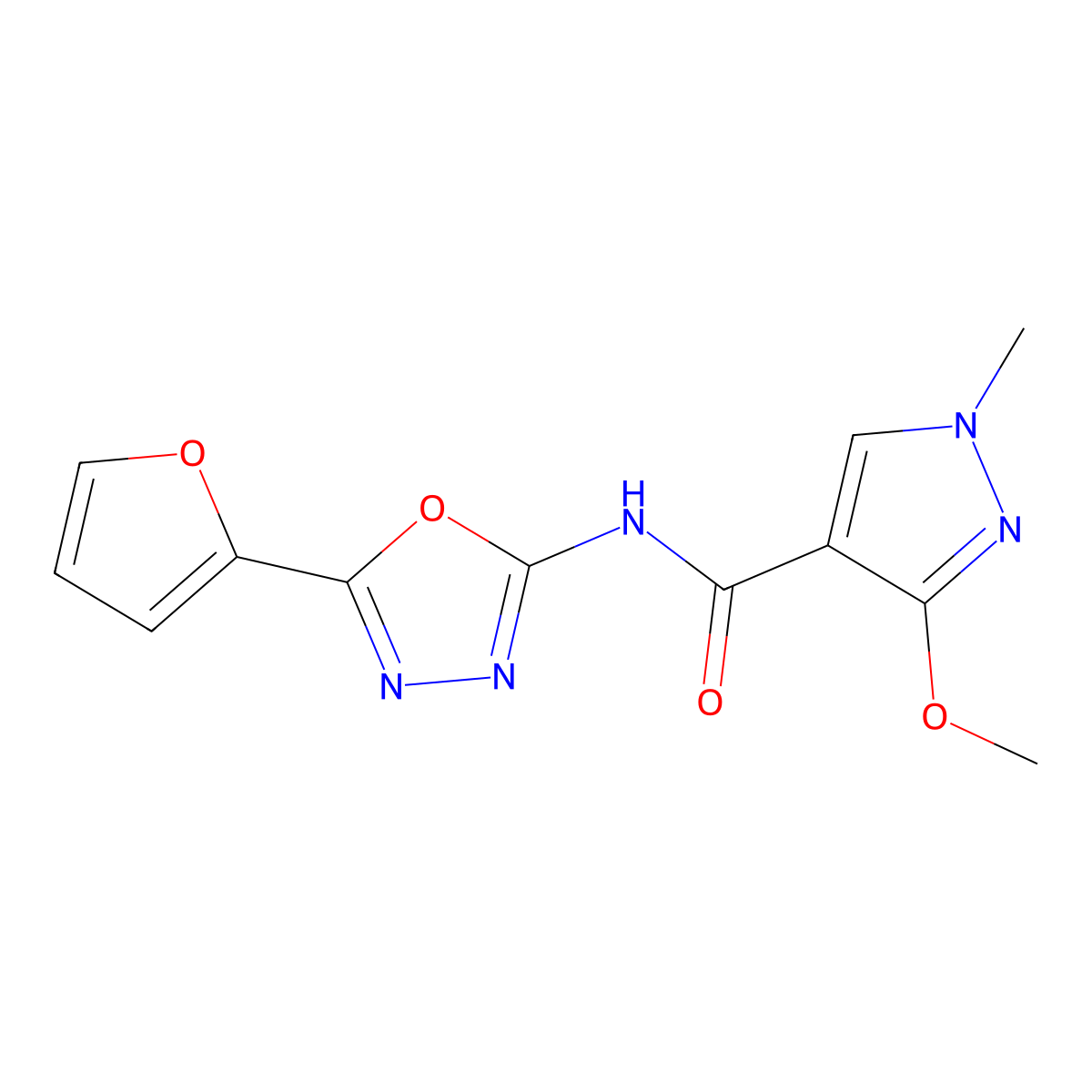 N-(5-(furan-2-yl)-1,3,4-oxadiazol-2-yl)-3-methoxy-1-methyl-1H-pyrazole-4-carboxamide molecular structure, CAS 1203054-53-8