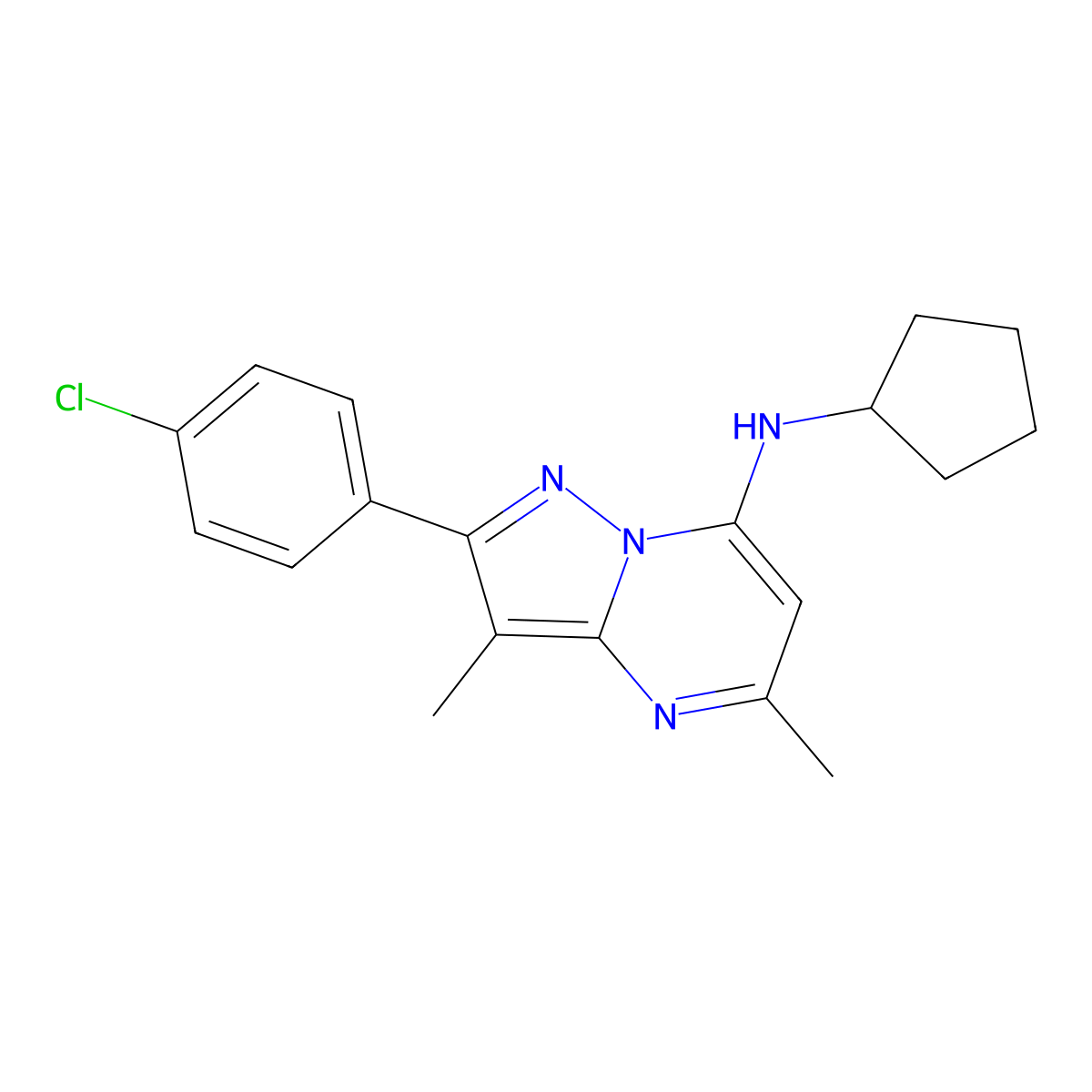 2-(4-chlorophenyl)-N-cyclopentyl-3,5-dimethylpyrazolo[1,5-a]pyrimidin-7-amine molecular structure, CAS 1203055-04-2
