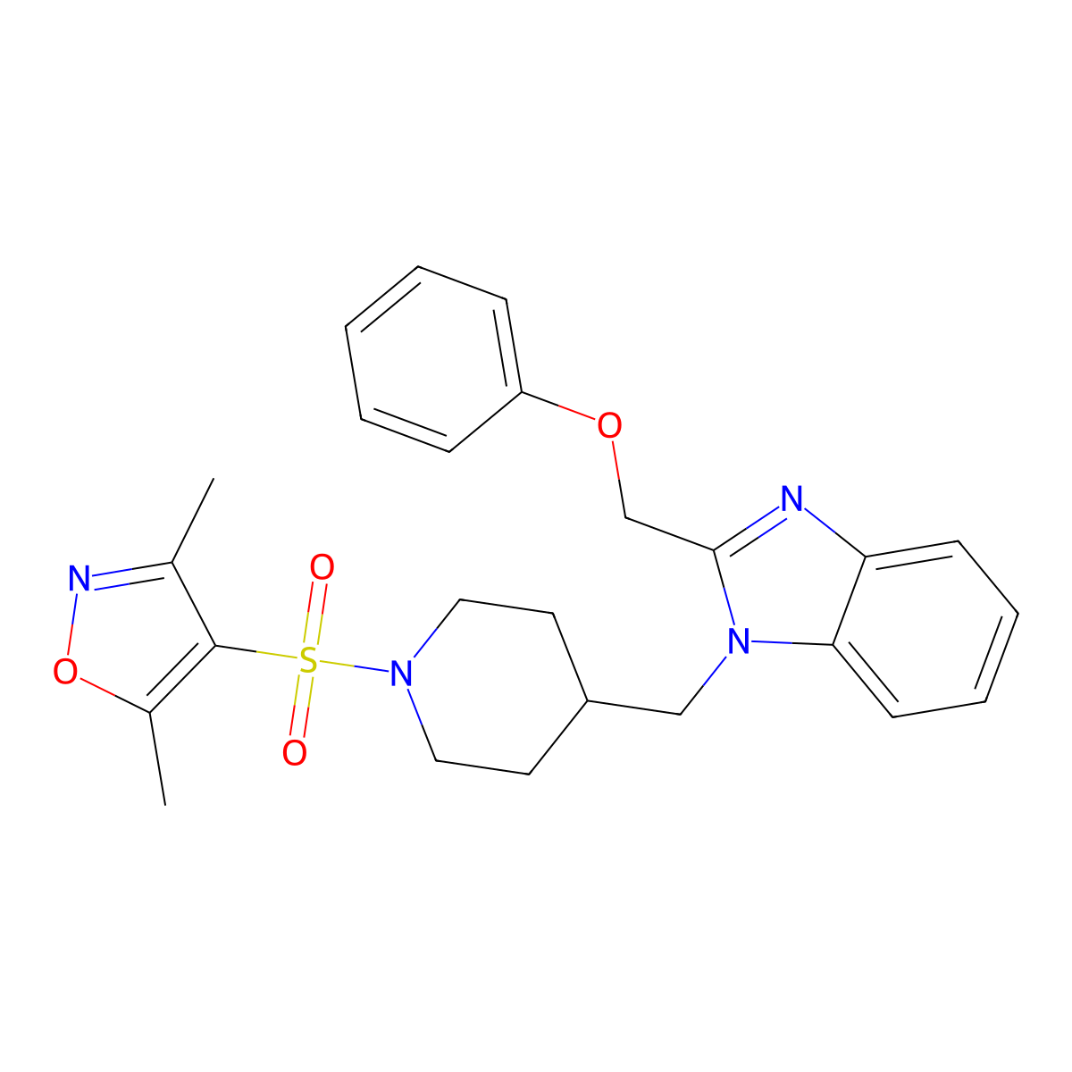 3,5-dimethyl-4-((4-((2-(phenoxymethyl)-1H-benzo[d]imidazol-1-yl)methyl)piperidin-1-yl)sulfonyl)isoxazole molecular structure, CAS 1203055-20-2