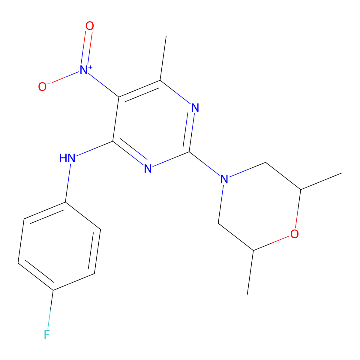 2-(2,6-dimethylmorpholin-4-yl)-N-(4-fluorophenyl)-6-methyl-5-nitropyrimidin-4-amine molecular structure, CAS 1203055-43-9