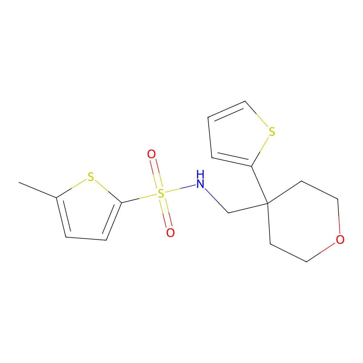 5-methyl-N-((4-(thiophen-2-yl)tetrahydro-2H-pyran-4-yl)methyl)thiophene-2-sulfonamide molecular structure, CAS 1203056-18-1
