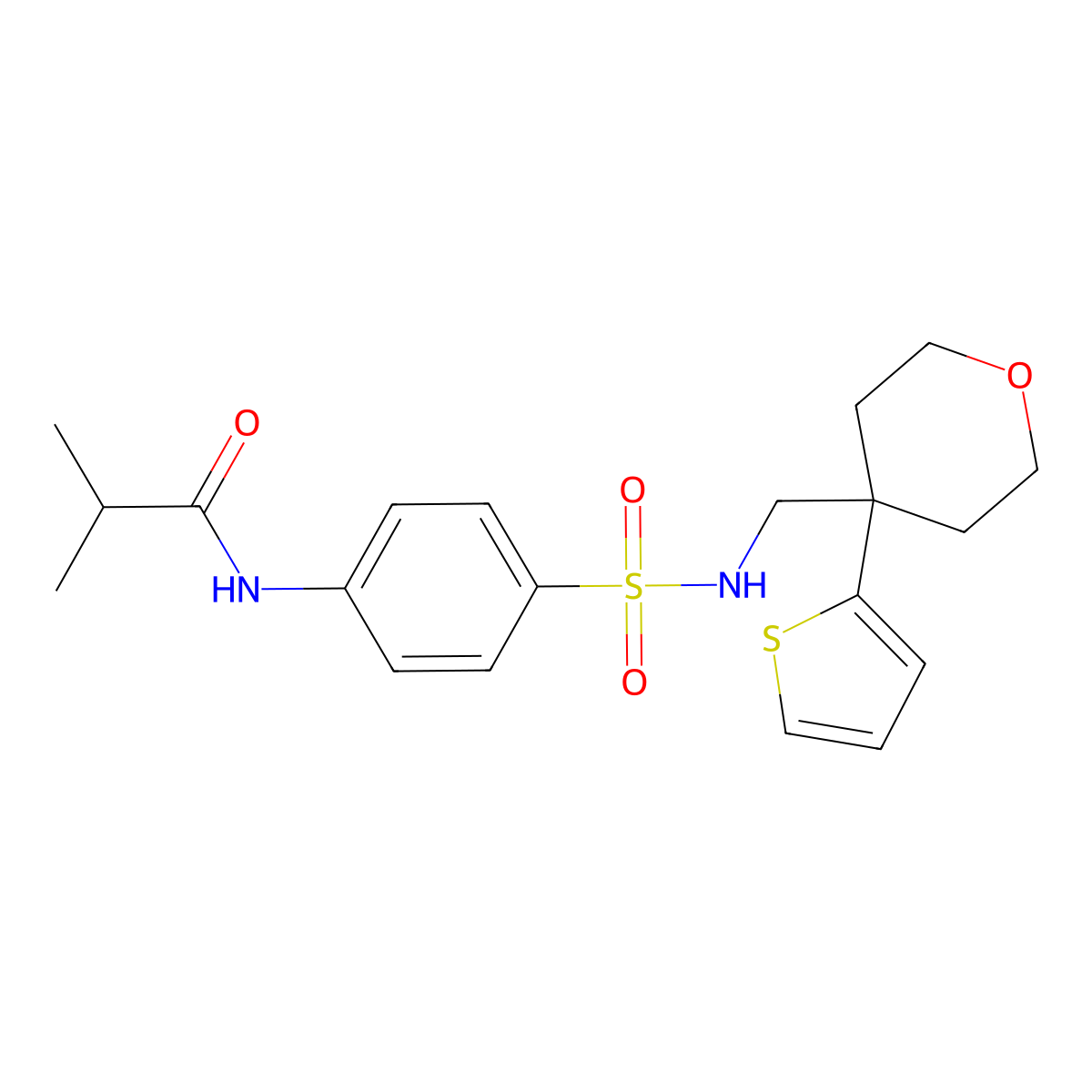 N-(4-(N-((4-(thiophen-2-yl)tetrahydro-2H-pyran-4-yl)methyl)sulfamoyl)phenyl)isobutyramide molecular structure, CAS 1203056-30-7