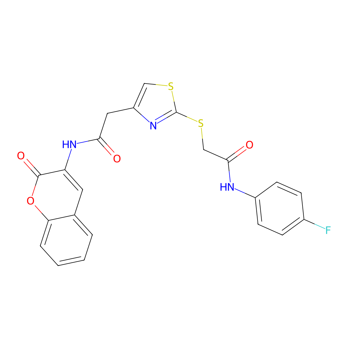 N-(4-fluorophenyl)-2-((4-(2-oxo-2-((2-oxo-2H-chromen-3-yl)amino)ethyl)thiazol-2-yl)thio)acetamide molecular structure, CAS 1203056-77-2