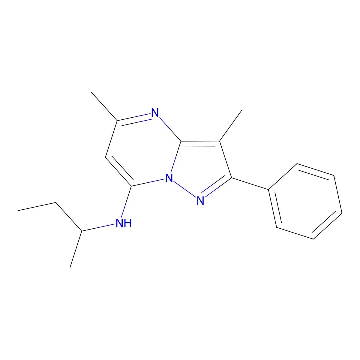 N-(butan-2-yl)-3,5-dimethyl-2-phenylpyrazolo[1,5-a]pyrimidin-7-amine molecular structure, CAS 1203057-43-5