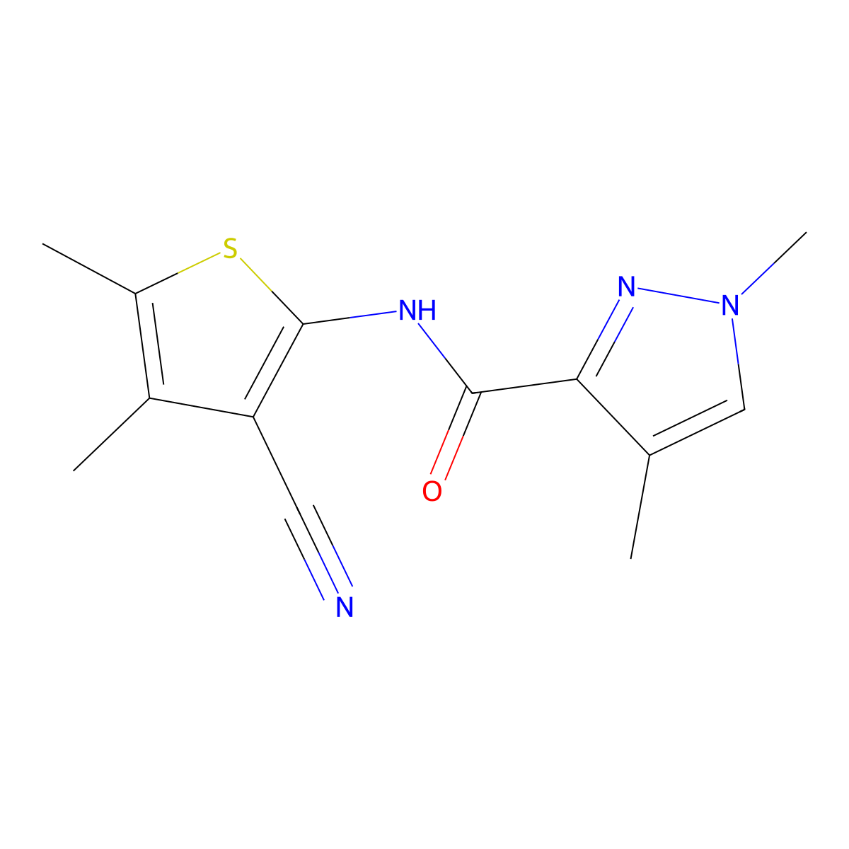 N-(3-cyano-4,5-dimethylthiophen-2-yl)-1,4-dimethyl-1H-pyrazole-3-carboxamide molecular structure, CAS 1203058-00-7