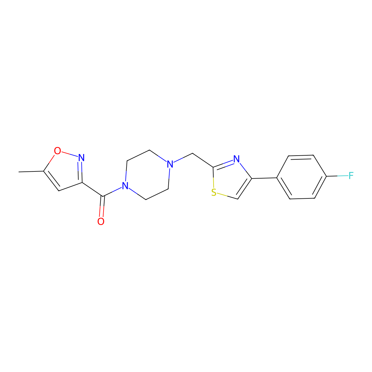 (4-((4-(4-Fluorophenyl)thiazol-2-yl)methyl)piperazin-1-yl)(5-methylisoxazol-3-yl)methanone molecular structure, CAS 1203058-17-6