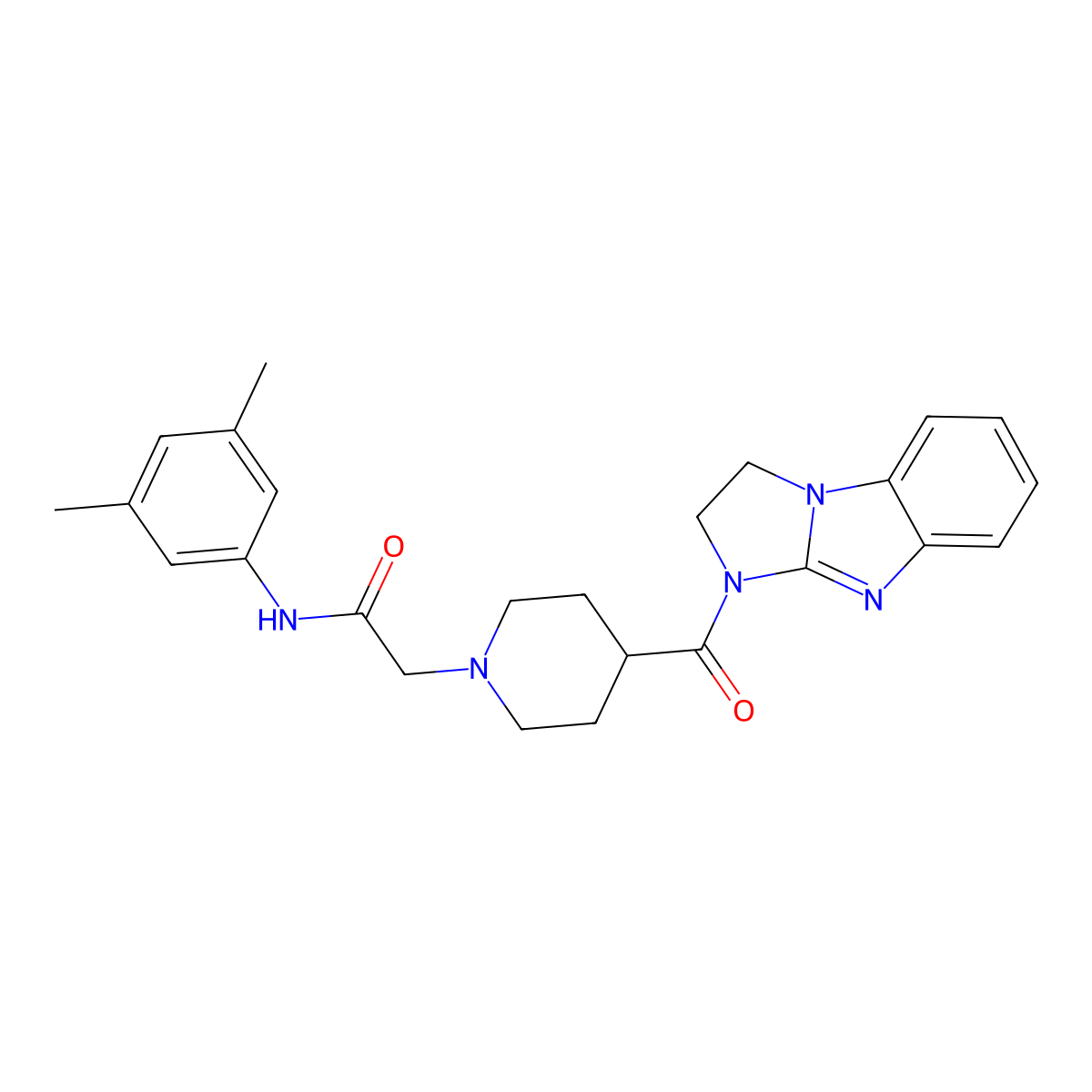 N-(3,5-dimethylphenyl)-2-(4-{2,5,7-triazatricyclo[6.4.0.0^{2,6}]dodeca-1(8),6,9,11-tetraene-5-carbonyl}piperidin-1-yl)acetamide molecular structure, CAS 1203059-05-5