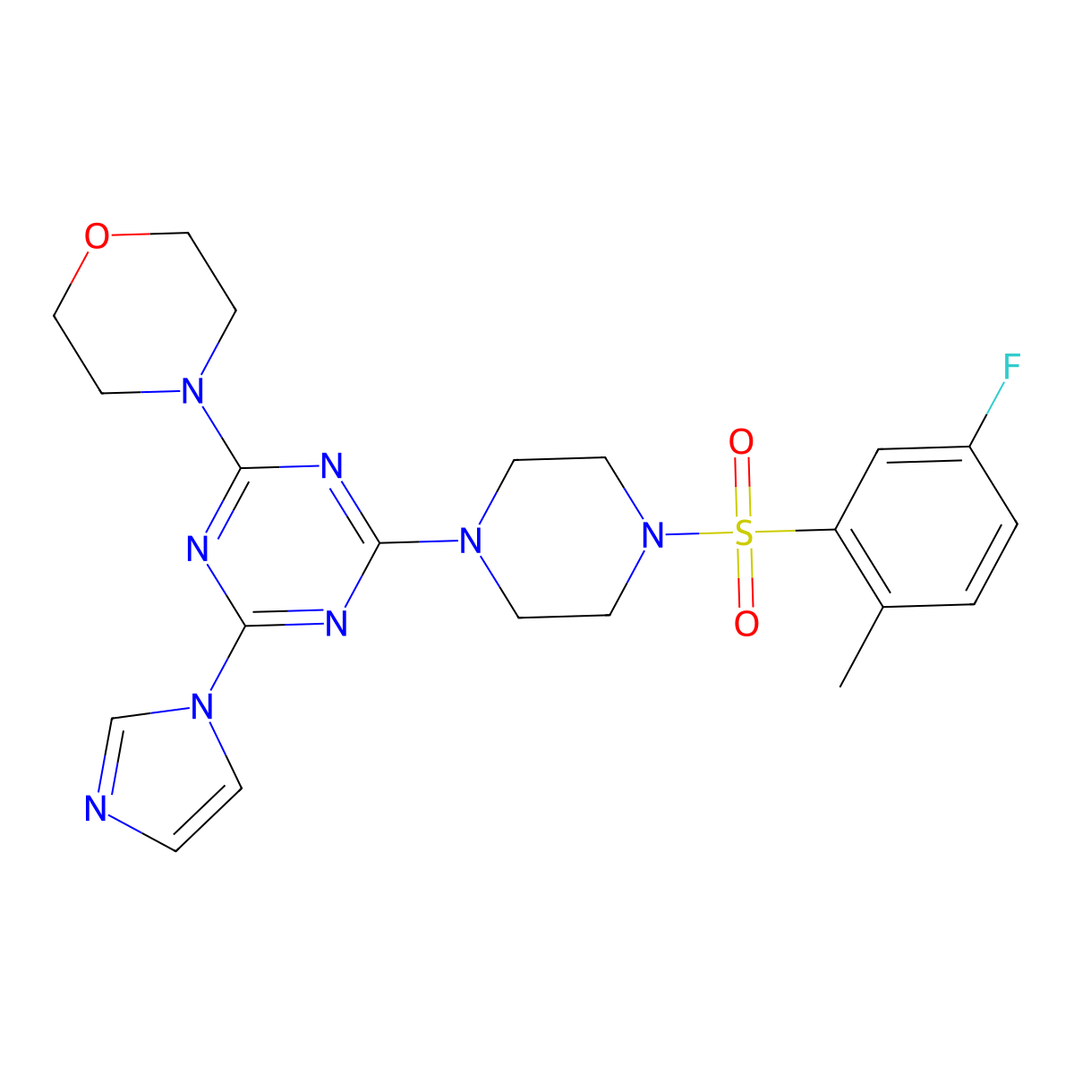 4-(4-(4-((5-fluoro-2-methylphenyl)sulfonyl)piperazin-1-yl)-6-(1H-imidazol-1-yl)-1,3,5-triazin-2-yl)morpholine molecular structure, CAS 1203059-86-2